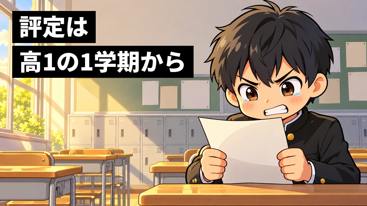 高校の教室の後ろの席で、学ランの男子高校生が、返ってきた定期テストの答案を握りしめ、悔しくて歯を食いしばっている。「評定は高1の1学期から」の文字。