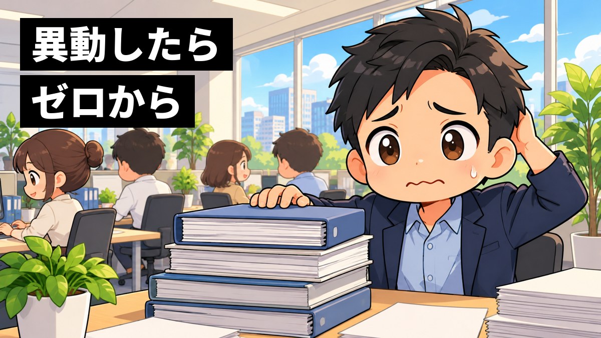 オフィスの新しい席で、ジャケット姿の20代後半の男性が、知らない分野の分厚い資料の山を前に、眉を下げて途方にくれている。後ろでは同じ部署の人たちが忙しそうに働いている。「異動したらゼロから」の文字。