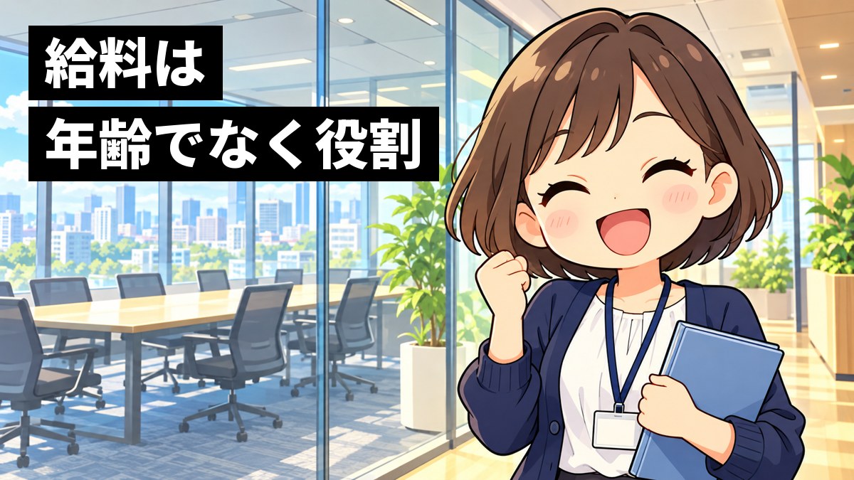 会議室の前で、先輩から大きな仕事を任されたばかりの20代前半の女性社員が、満面の笑顔で小さくガッツポーズをしている。「給料は年齢でなく役割」の文字。
