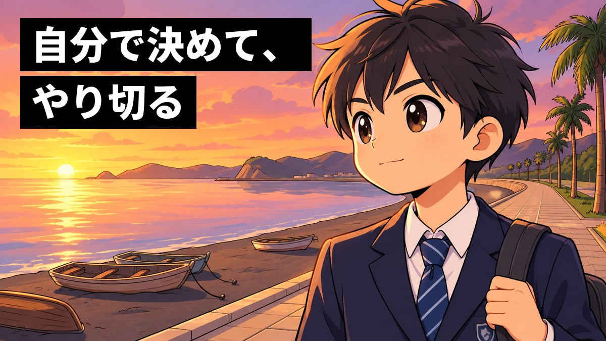夕方の館山の海辺の遊歩道で、紺のブレザーの制服の男子中学生が、通学かばんの肩ひもを握り、まっすぐ前を見て決意を固めている。「自分で決めて、やり切る」の文字。