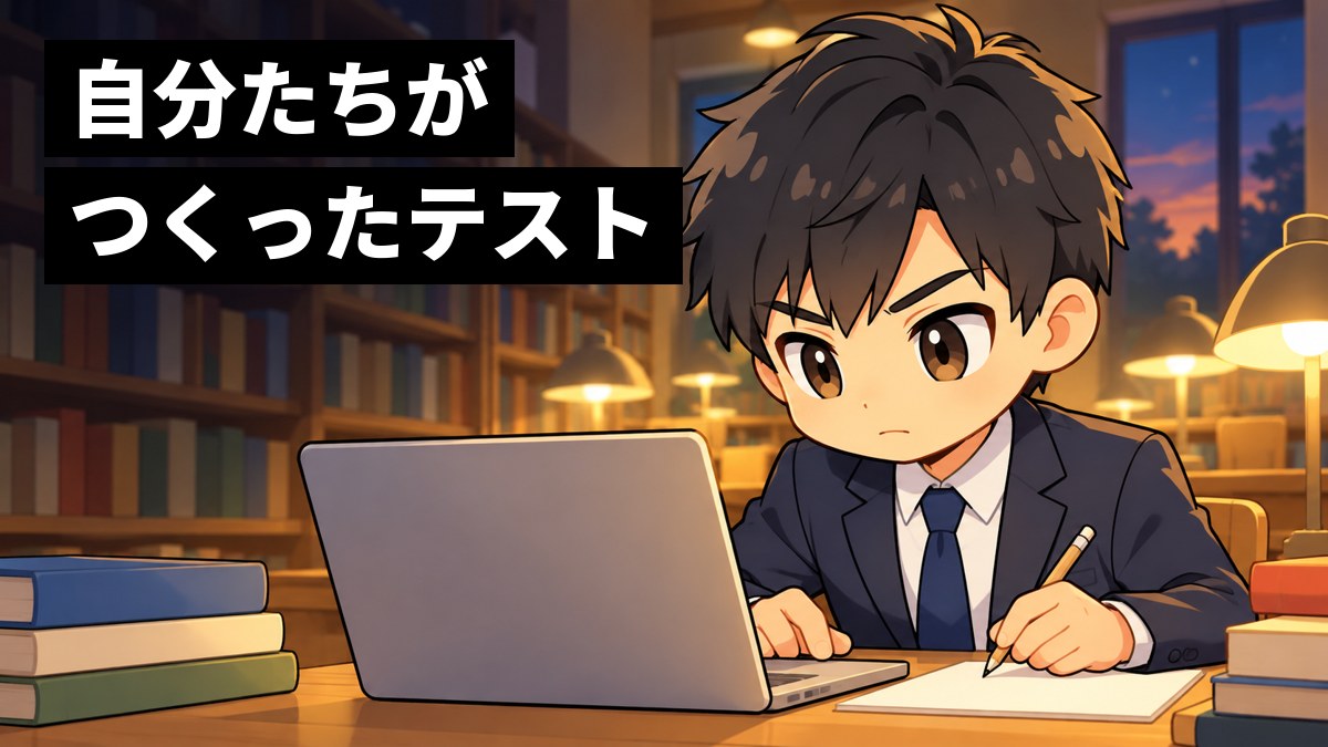 夜の大学の図書館で、紺のリクルートスーツの男子大学生が、ノートパソコンで適性検査を受けながら、真剣な目で画面に集中している。「自分たちがつくったテスト」の文字。