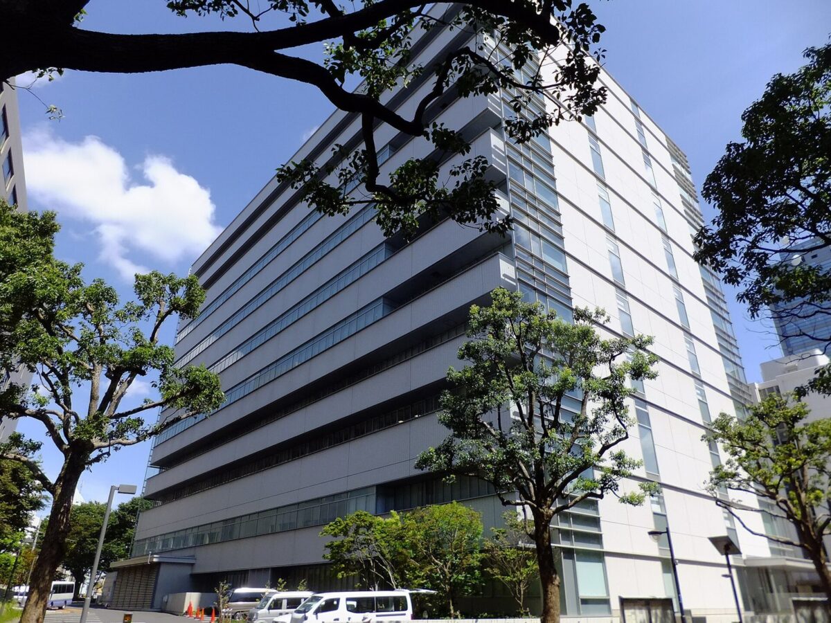 木々の向こうに建つ、窓が横に何列も並ぶ白い高層の建物