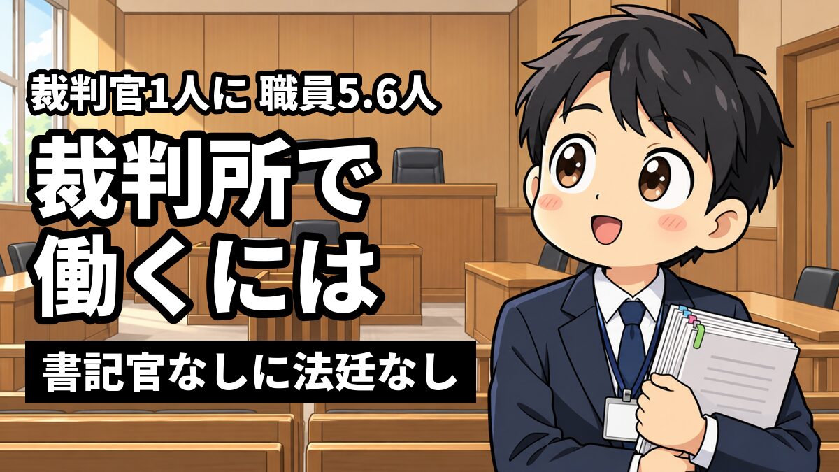 開廷前の誰もいない法廷で、紺のスーツの若い男性の裁判所職員が、事件の記録の束を胸に抱えて、目を輝かせて法廷を見回している。「裁判官1人に職員5.6人」「裁判所で働くには」「書記官なしに法廷なし」の文字。