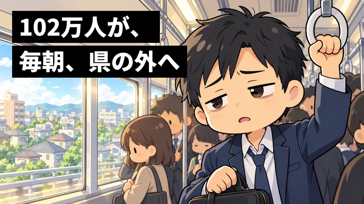 朝の満員電車の中で、スーツ姿の30代の男性会社員が、つり革につかまって眠そうにぐったりしている。窓の外には住宅街。「102万人が、毎朝 県の外へ」の文字。