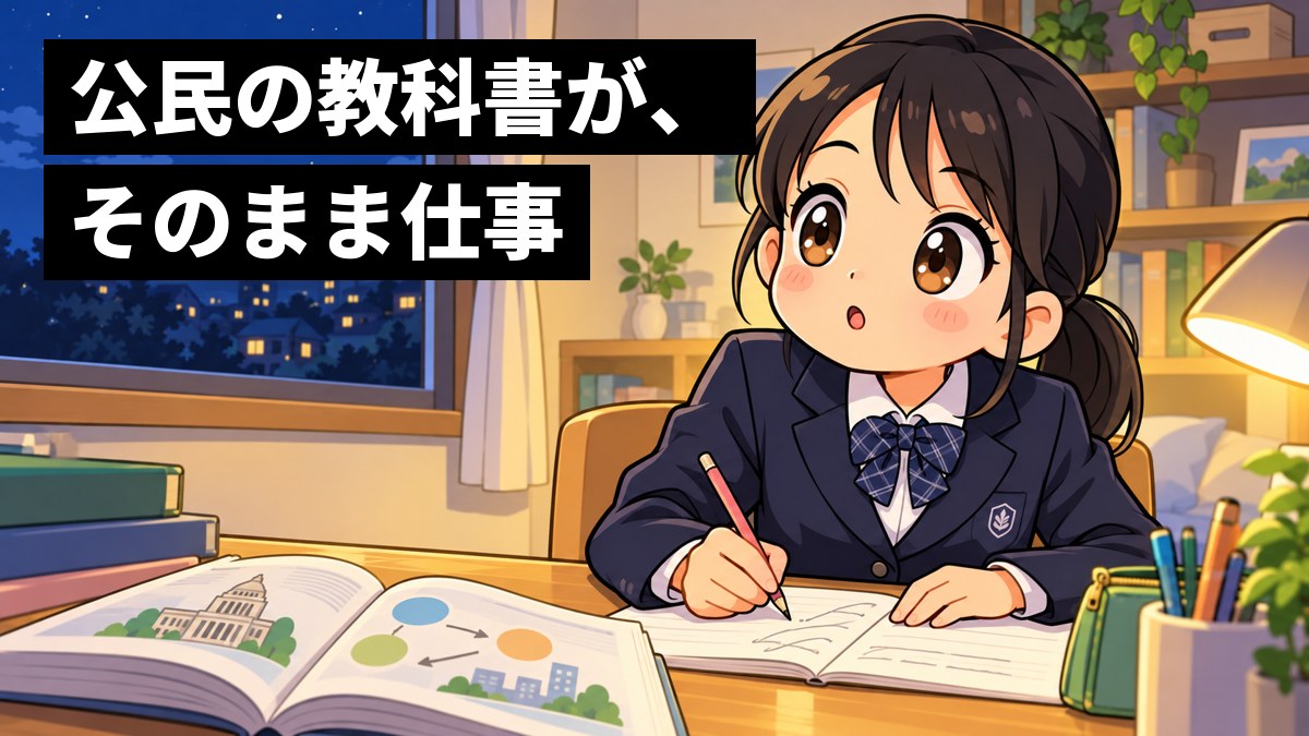 家の机で、制服の女子中学生が公民の教科書を開き、ひらめいた顔で夢中でノートに書き込んでいる。「公民の教科書が、そのまま仕事」の文字。