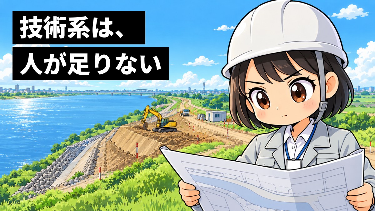 川の堤防の工事現場で、白いヘルメットと作業着の若い女性の技術職員が、図面を広げて真剣に目を輝かせている。後ろに重機と川。「技術系は、人が足りない」の文字。