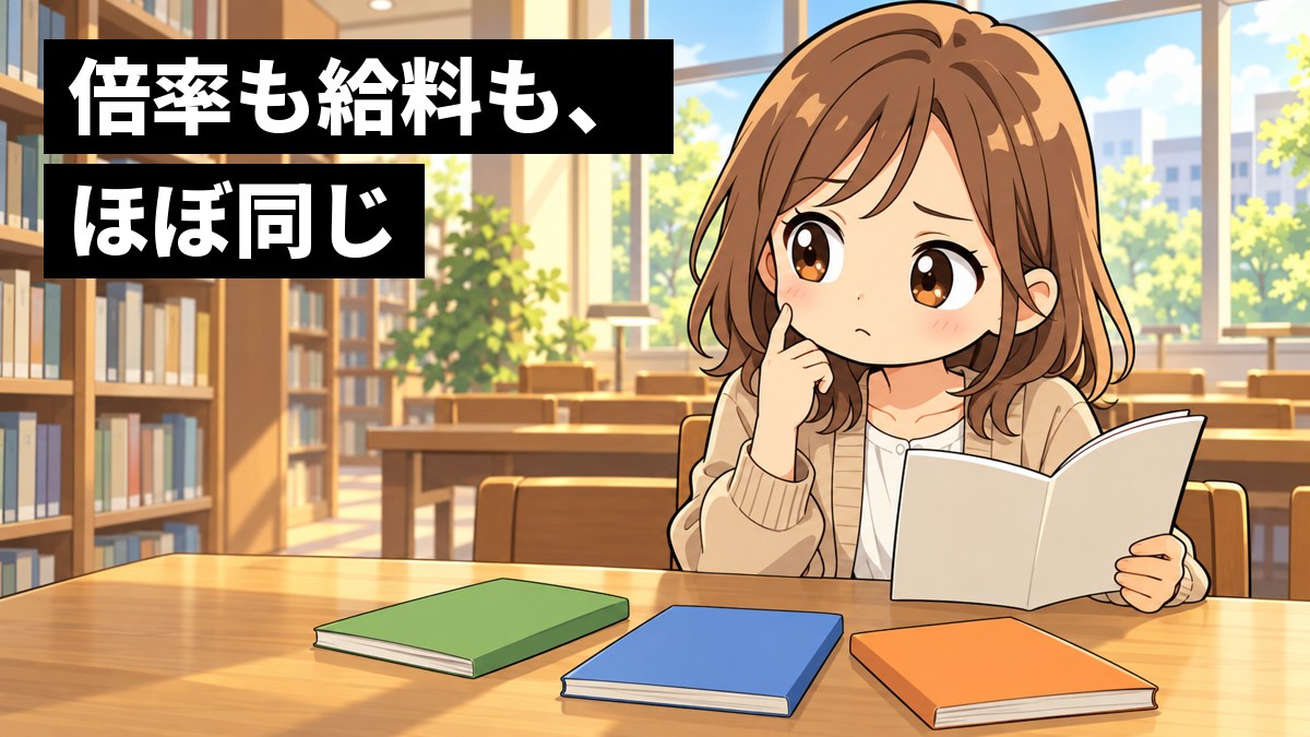 大学の図書館の机で、私服の女子大学生が、並べた3冊の採用案内の冊子を前に、どれを選べばいいか途方にくれて眉を下げている。「倍率も給料も、ほぼ同じ」の文字。