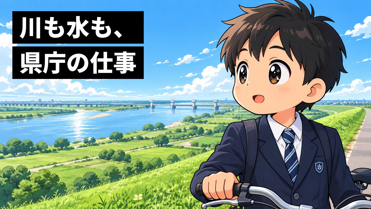 広い河川敷と川が見渡せる堤防の上で、自転車を止めた制服の男子中学生が、遠くまで続く川を見て目を丸くしてわくわくしている。「川も水も、県庁の仕事」の文字。