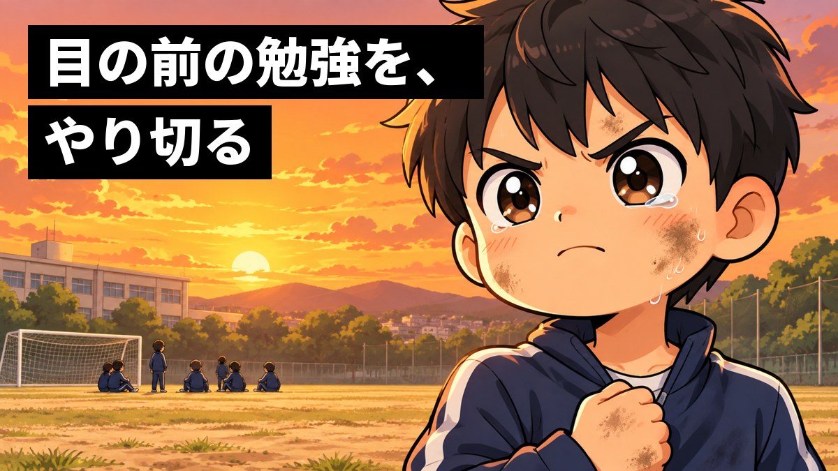 夕方の中学校のグラウンドで、ジャージ姿の男子中学生が、試合に負けたあとに拳を握り、次こそはと燃える目で前を見ている。「目の前の勉強を、やり切る」の文字。