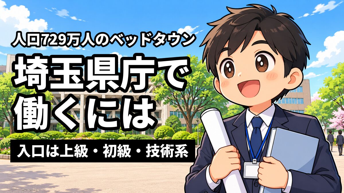 浦和の埼玉県庁本庁舎と花壇を背に、名札を下げたスーツ姿の若い男性職員が、丸めた図面と書類を抱えてワクワクした顔で前を見ている。「埼玉県庁で働くには」「入口は上級・初級・技術系」の文字。