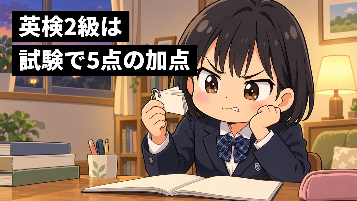 夕方のリビングの机で、制服の女子中学生が英語の単語カードを握りしめ、覚えられない悔しさに唇をかんでいる。「英検2級は試験で5点の加点」の文字。