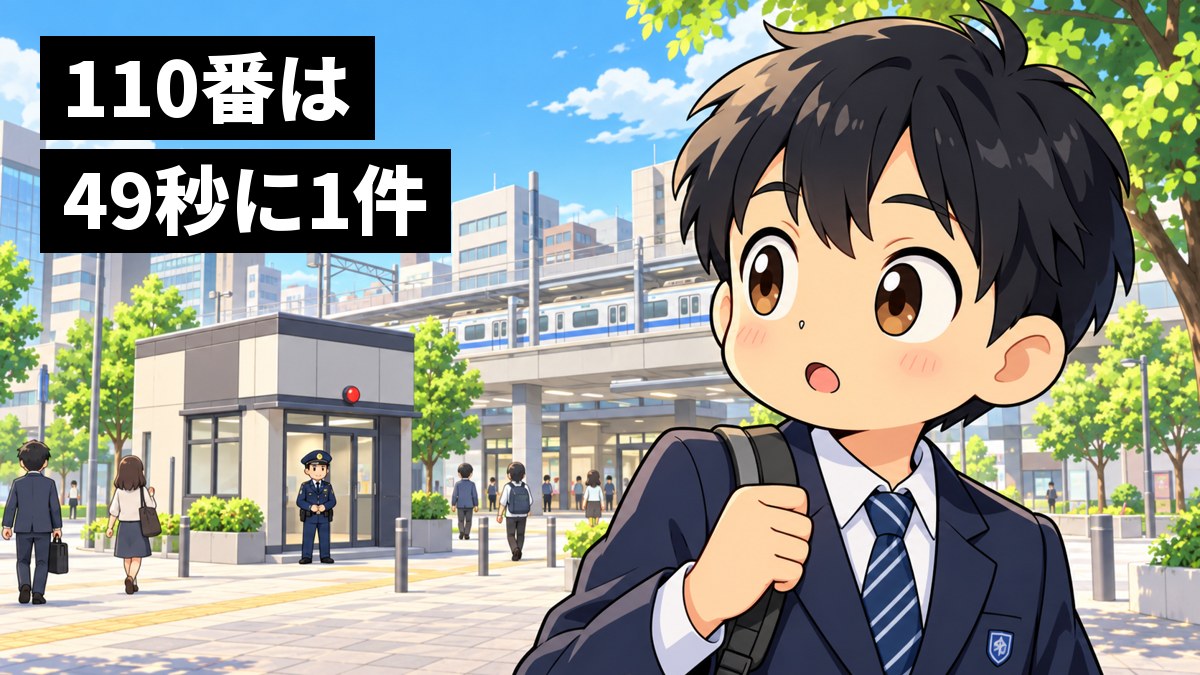 大きな駅前の広場で、制服の男子中学生が、奥の交番と警察官を振り返り、目を丸くしてわくわくしている。「110番は49秒に1件」の文字。