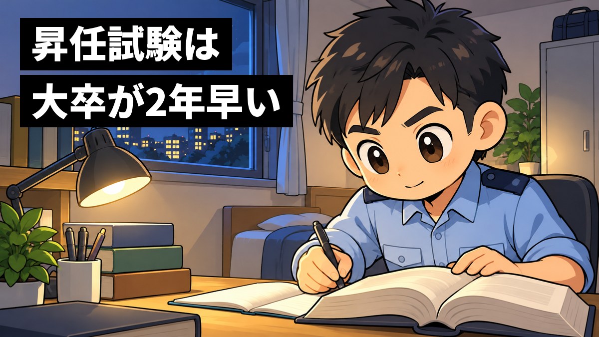 夜の寮の机で、水色のワイシャツ姿の若い警察官が、分厚い法律の本を開き、夢中になってノートに書き込んでいる。「昇任試験は大卒が2年早い」の文字。