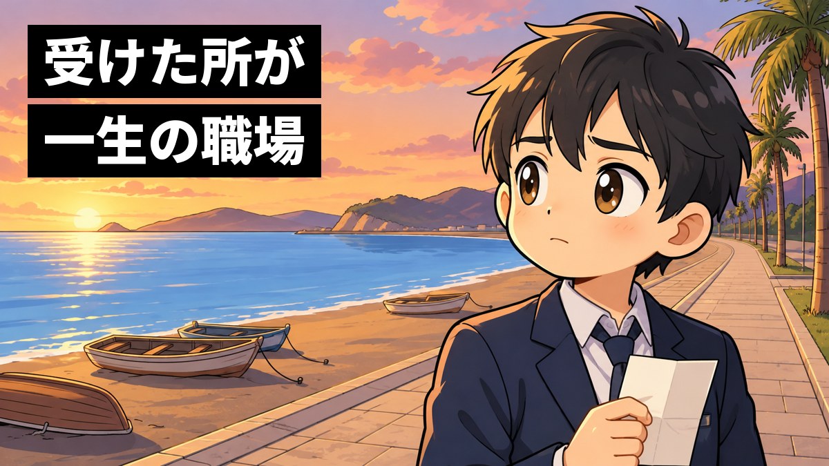 ヤシの木の並ぶ館山の海沿いの道で、制服の男子高校生が、紙を手に持って海の向こうを見つめ、どこで働くか考えこんでいる。「受けた所が一生の職場」の文字。