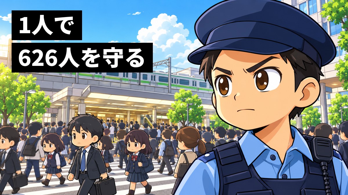 朝のラッシュの駅前の横断歩道で、たくさんの通勤の人の流れの横に、紺の制服の警察官が立ち、険しい顔で周りを見張っている。「1人で626人を守る」の文字。