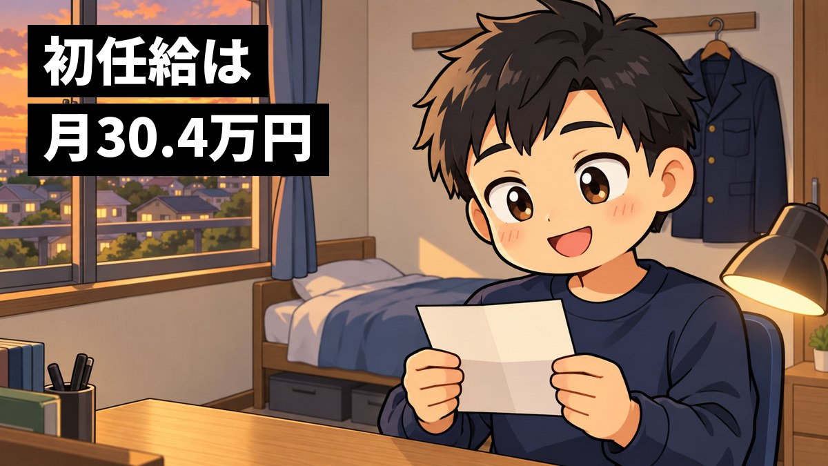 寮の部屋の机で、トレーナー姿の若い男性警察官が、初めての給与明細を両手に持ってほっと笑っている。窓の外は夕方の街。「初任給は月30.4万円」の文字。