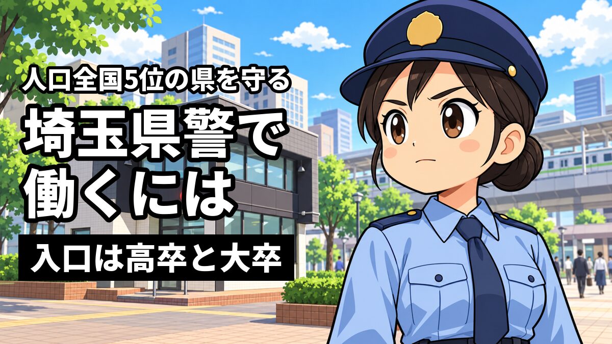 駅前の交番の前で、制服の若い女性警察官が、通勤の人の流れを見守りながら、きりっとした顔で立っている。「埼玉県警で働くには」「入口は高卒と大卒」の文字。