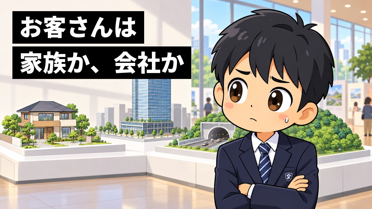 駅前の広場で、制服の男子中学生が、一戸建ての家・高層ビル・建設中のトンネルの模型が並ぶ展示を前に、腕を組んで首をかしげ、困った顔をしている。「お客さんは家族か、会社か」の文字。