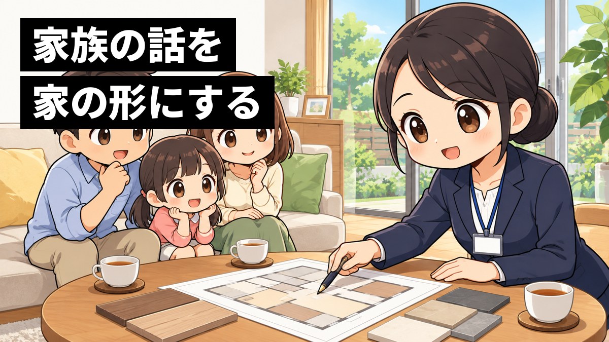 モデルハウスの明るいリビングのテーブルで、スーツの若い女性の営業が、向かいに座る父と母と小さな女の子の話に身を乗り出して聞き入り、目を輝かせてうなずいている。テーブルには間取り図。「家族の話を家の形にする」の文字。