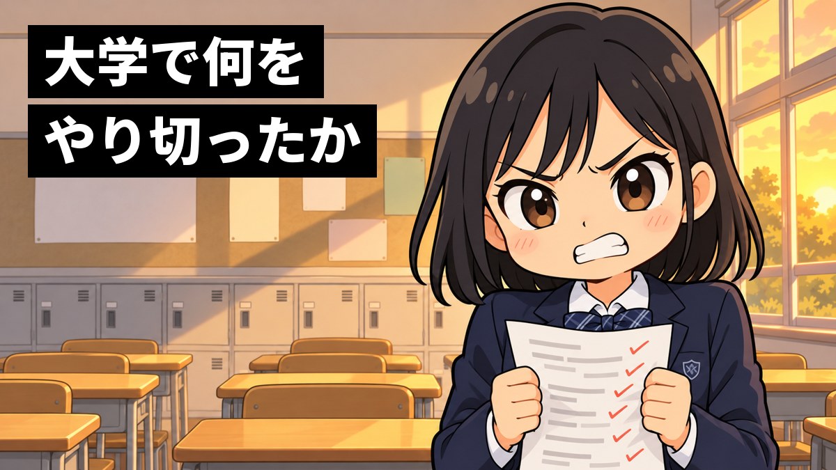 放課後の教室で、制服の女子中学生が、返ってきた定期テストの答案を握りしめ、悔しくて歯を食いしばっている。「大学で何をやり切ったか」の文字。