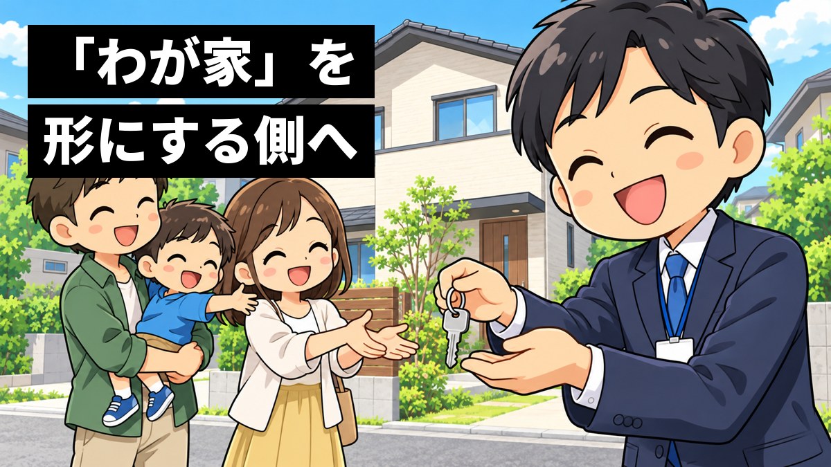 完成したばかりの一戸建ての家の前で、スーツの若い男性の営業が、家族に新しい家の鍵を手渡し、心からうれしそうに笑っている。「「わが家」を形にする側へ」の文字。