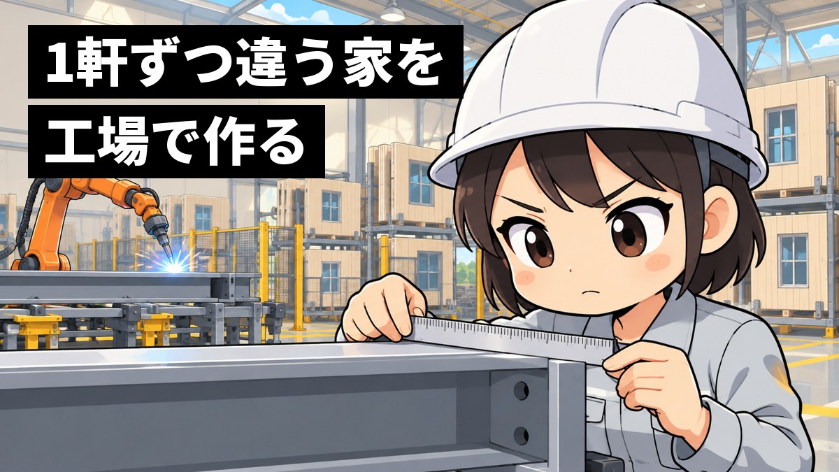 明るい工場の中で、作業服とヘルメットの若い女性の検査員が、ロボットの腕が組み立てる鉄骨の部材を、眉を寄せて定規で厳しく確かめている。「1軒ずつ違う家を工場で作る」の文字。