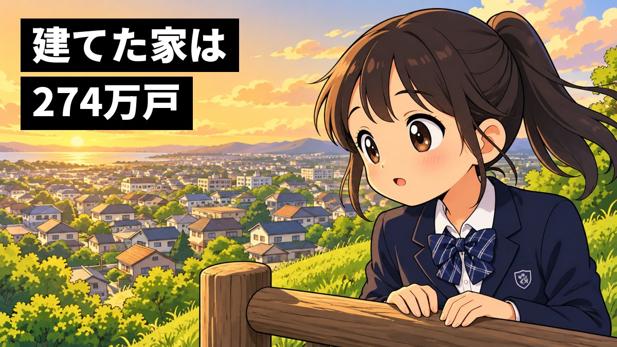 夕方の丘の上で、制服の女子中学生が、屋根がずらりと並ぶ住宅街を見下ろし、目を見開いて夢中で見入っている。「建てた家は274万戸」の文字。