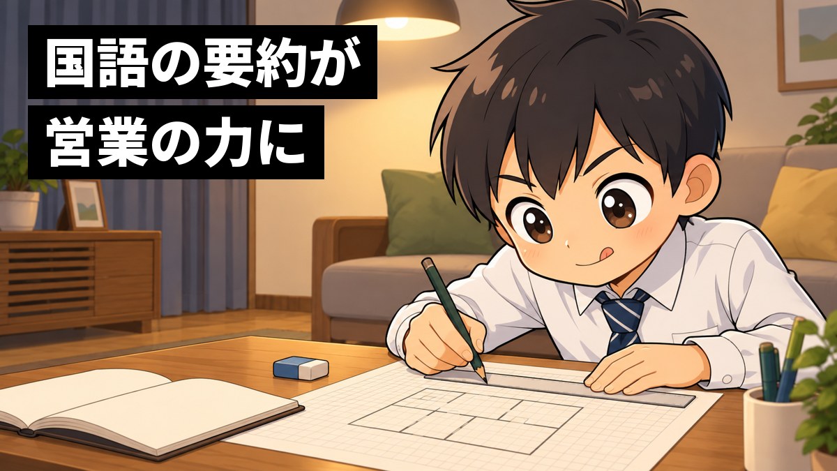 夜のリビングのテーブルで、制服の男子中学生が、方眼紙に定規を当てて自分の家の間取り図を描くことに没頭し、目を輝かせている。「国語の要約が営業の力に」の文字。