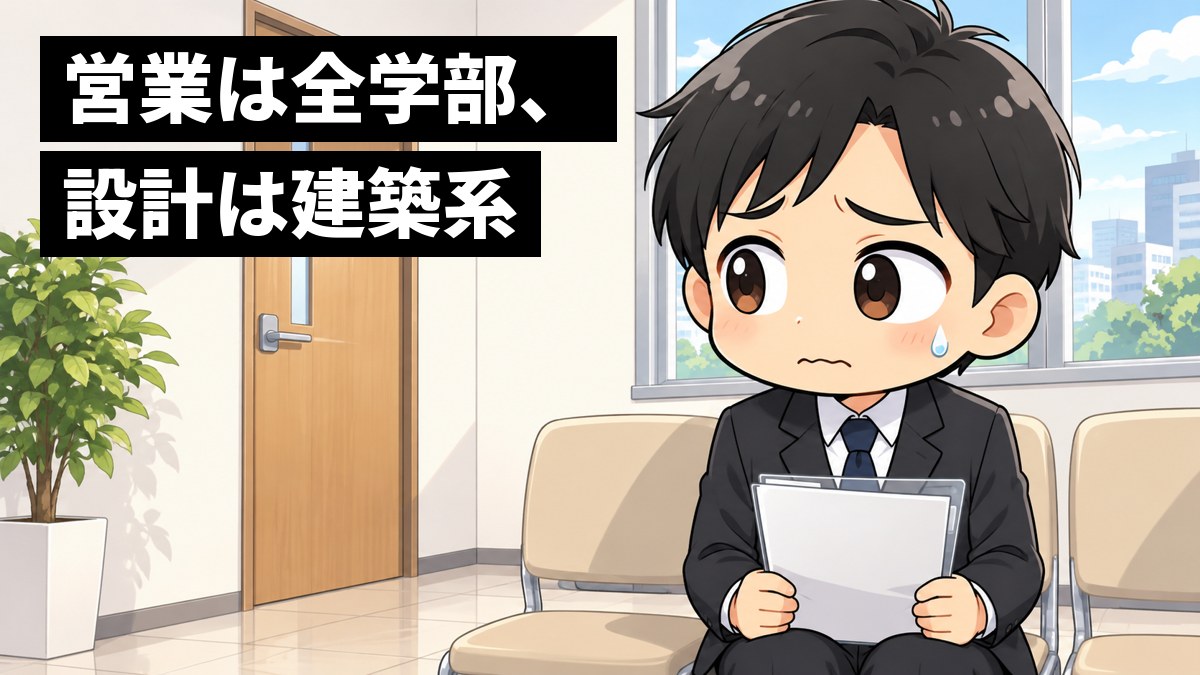 会社の待合室のいすで、就活スーツの大学生の男性が、書類を両手で握りしめ、面接の順番を待ちながら不安そうに眉を下げている。「営業は全学部、設計は建築系」の文字。