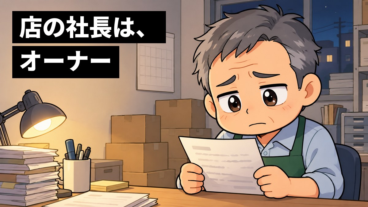 深夜のコンビニの小さな事務室で、エプロン姿の50代の男性オーナーが、数字の並んだ紙を手に、どうしたらいいか途方にくれた顔で眉を下げている。「店の社長は、オーナー」の文字。
