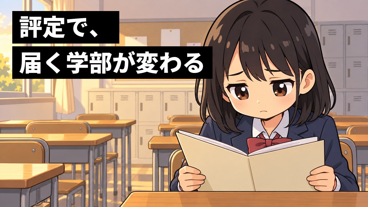 夕方の高校の教室で、紺のブレザーの女子高校生が、自分の席で通知表を開き、思ったより低い数字にしょんぼりと肩を落としている。「評定で、届く学部が変わる」の文字。