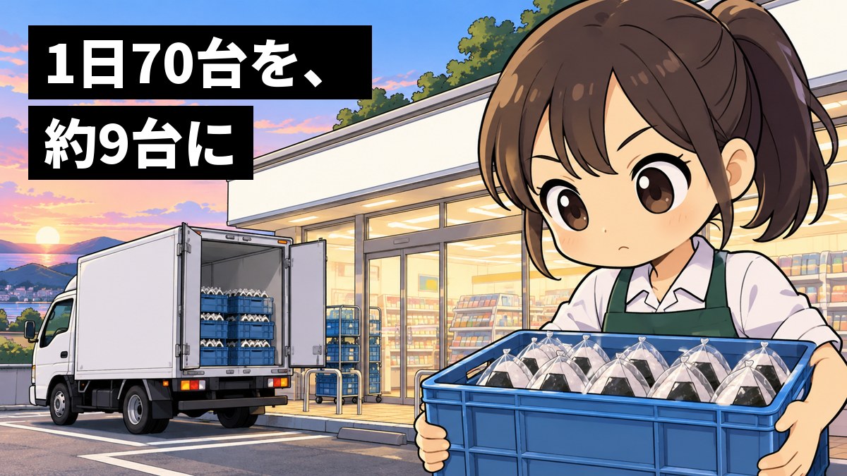 夜明けのコンビニの前に白い配送トラックが止まり、店の若い女性スタッフが、届いたおにぎりのケースを抱えて夢中で店に運び込んでいる。「1日70台を、約9台に」の文字。
