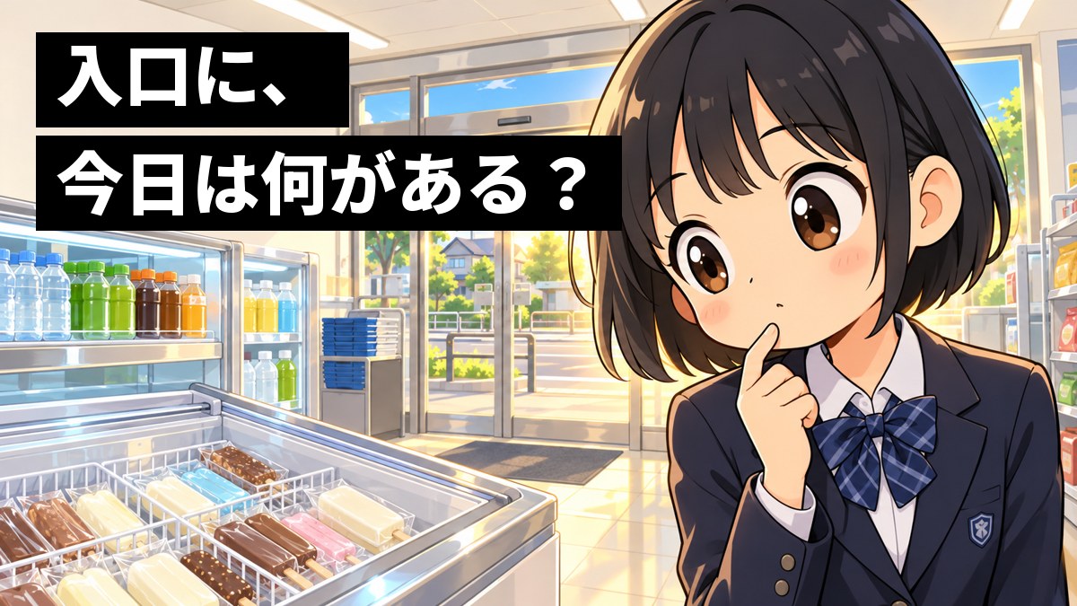 夏の夕方、コンビニの入口近くのアイスの冷凍ケースの前で、制服の女子中学生が、なぜこれがここにあるのか興味しんしんで見入っている。「入口に、今日は何がある?」の文字。