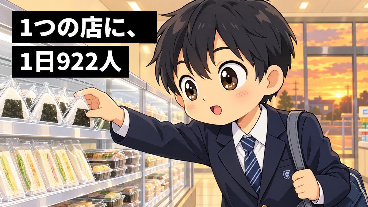 夕方の明るいコンビニのおにぎりの棚の前で、制服の男子中学生が部活のバッグを肩にかけ、どのおにぎりにするかわくわくしながら選んでいる。「1つの店に、1日922人」の文字。