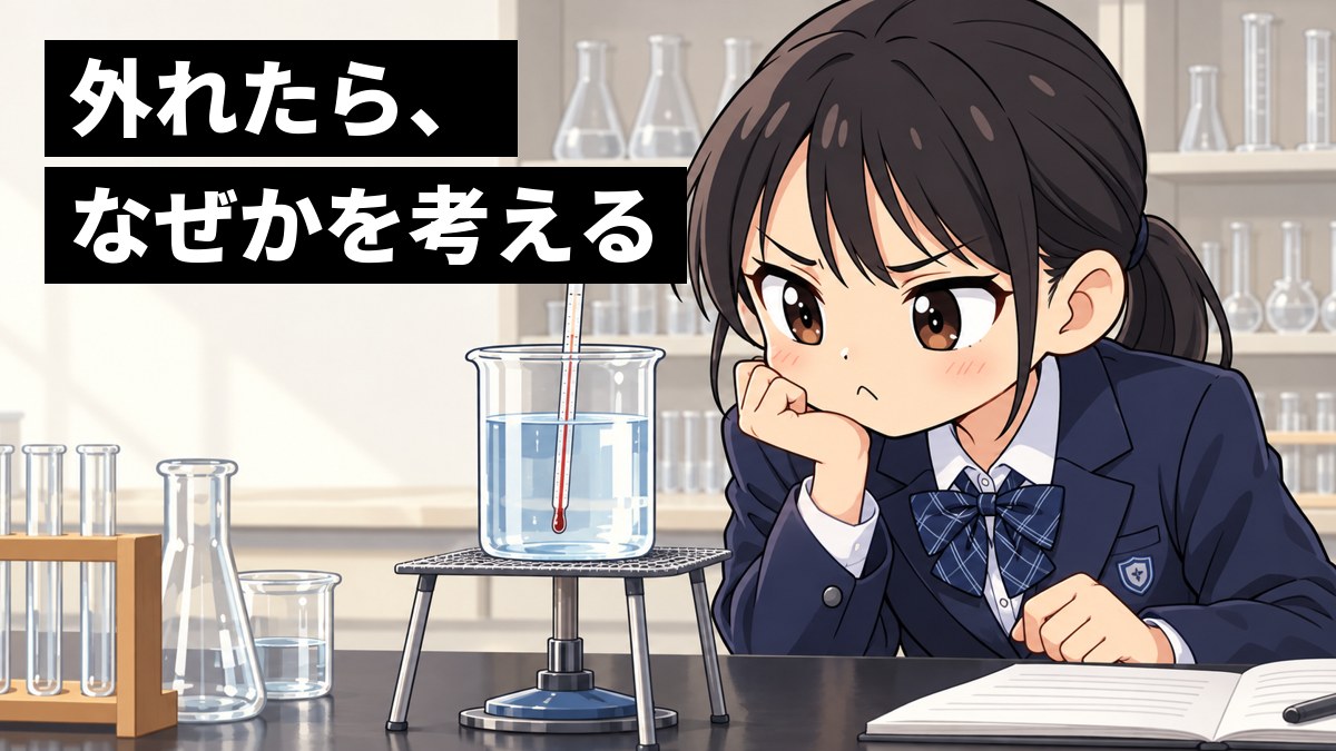 中学校の理科室で、制服の女子中学生が、水の入ったビーカーの温度計を見つめ、予想が外れて悔しそうに口をとがらせている。「外れたら、なぜかを考える」の文字。