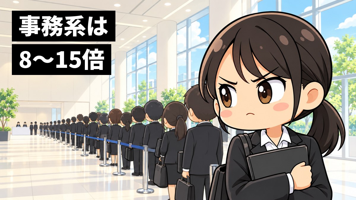 会社説明会の会場の長い行列の中で、就活スーツの大学生の女性が、ずっと先の受付をにらみ、眉を寄せて口を結んでいる。「事務系は8〜15倍」の文字。