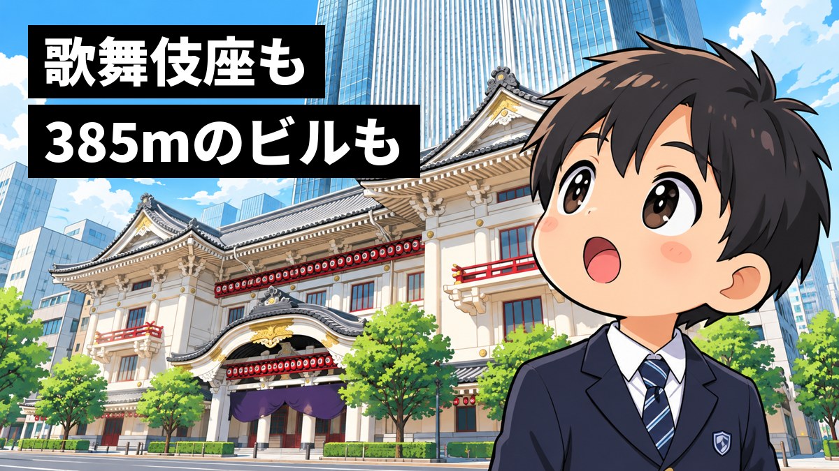 銀座の大通りで、制服の男子中学生が、反り返った瓦屋根の伝統的な劇場と、その後ろにそびえる高層ビルを見上げ、口を開けて夢中で見入っている。「歌舞伎座も385mのビルも」の文字。
