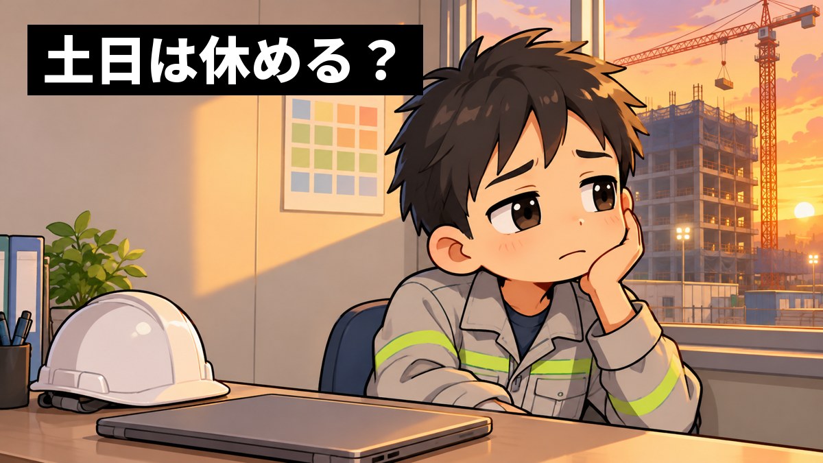 夕方の工事現場の事務所の窓辺で、作業服の若い男性社員が、まだ動いているクレーンを見ながら、少し疲れた顔でため息をついている。「土日は休める?」の文字。