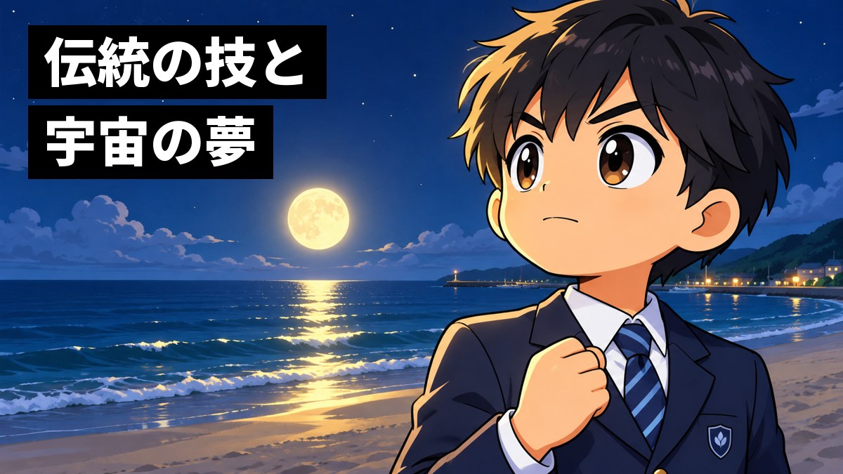 夜の海辺で、制服の男子中学生が、海の上の大きな月を見上げ、拳を握って口を結び、決意の顔をしている。「伝統の技と宇宙の夢」の文字。