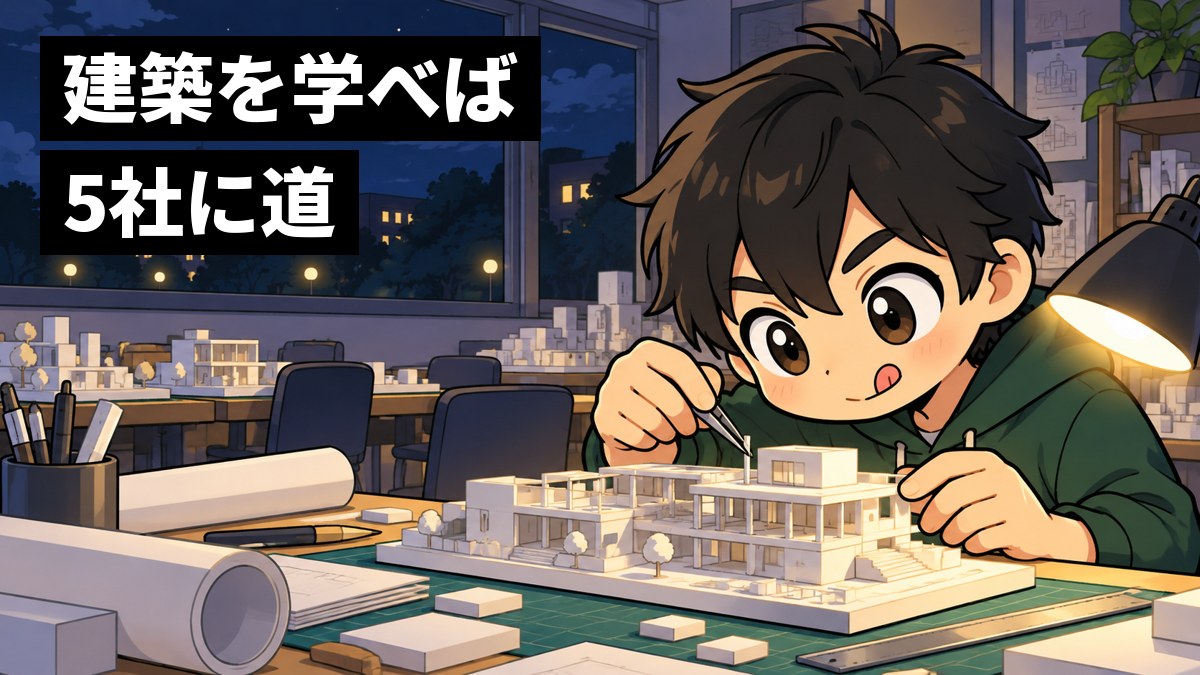 大学の建築学科の製図室で、男子学生が、白いスチレンボードで作った建物の模型に小さな柱を立てながら、夢中になって作業している。「建築を学べば5社に道」の文字。