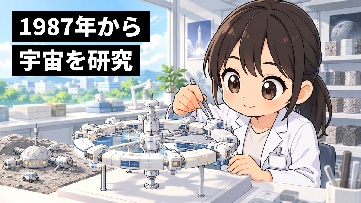 建設会社の研究所で、白衣の若い女性の研究者が、輪の形をした宇宙ホテルの模型と月面基地の模型を前に、目を輝かせて組み立てに没頭している。「1987年から宇宙を研究」の文字。