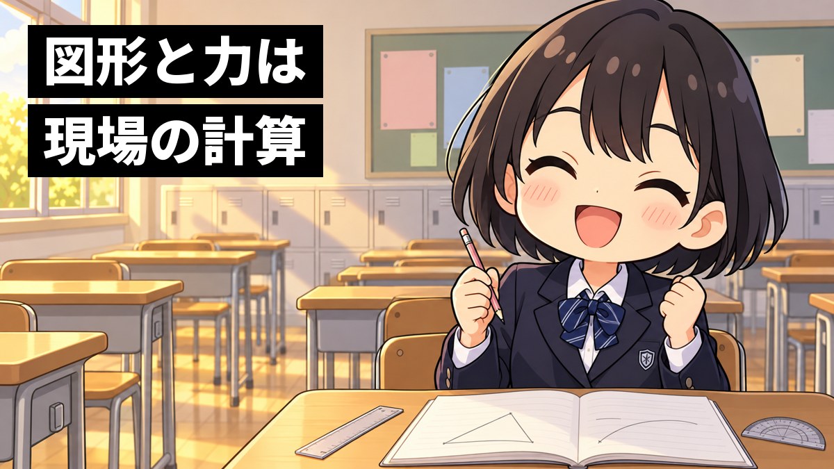 放課後の教室の机で、制服の女子中学生が、ノートに描いた三角形と曲線の図形の問題が解けた瞬間、鉛筆を持ったままぱっと笑顔になっている。「図形と力は現場の計算」の文字。