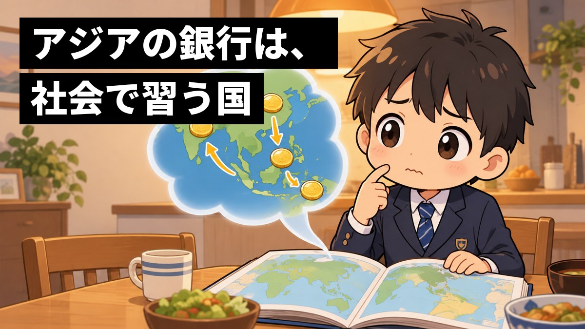 家の食卓で、制服の男子中学生が地図帳を開き、アジアの地図とコインの吹き出しを見て、眉を下げて困ったように頬をかいている。「アジアの銀行は、社会で習う国」の文字。