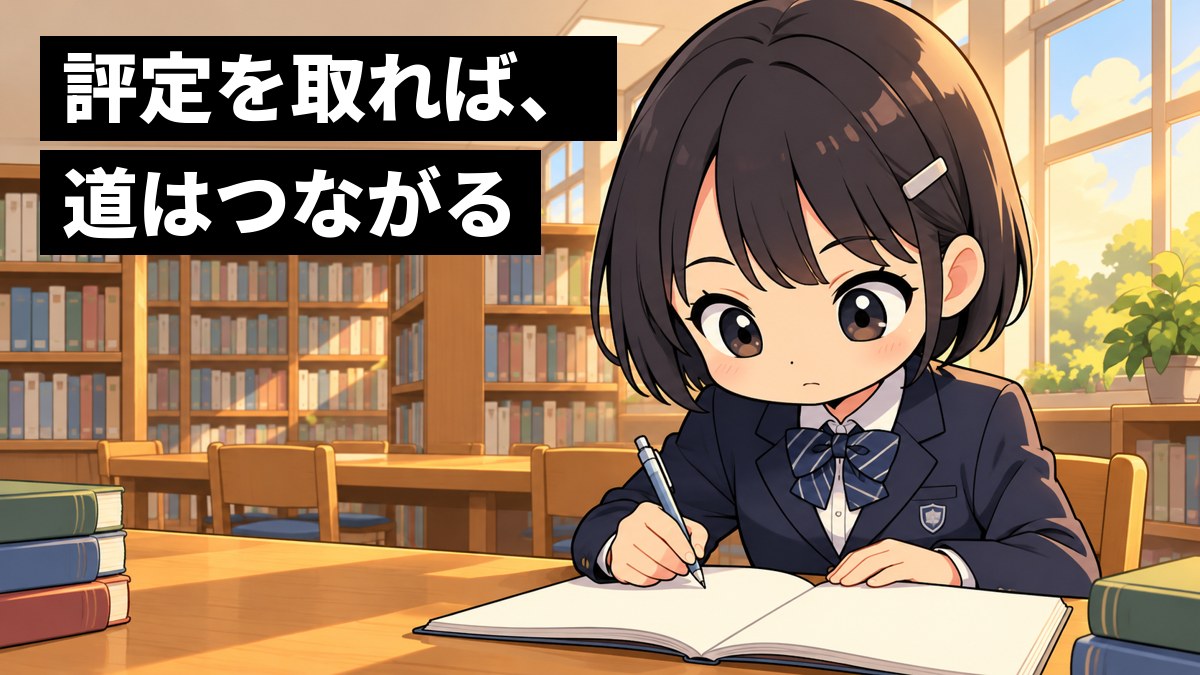 放課後の学校の図書室で、制服の女子中学生が問題集に没頭し、目を輝かせてペンを走らせている。「評定を取れば、道はつながる」の文字。