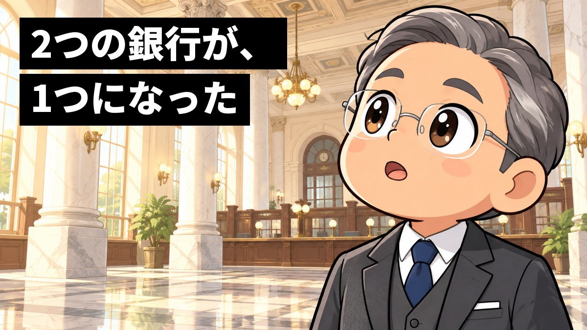 大理石の柱が並ぶ古い銀行の大きなホールで、白髪まじりの50代の男性銀行員が、高い天井を見上げて目を丸くし、夢中で見入っている。「2つの銀行が、1つになった」の文字。