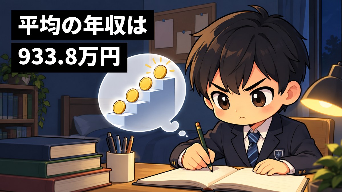 夜の自分の部屋の机で、制服の男子中学生が、ノートから浮かぶ階段とコインの吹き出しを見て、唇を結んできりっとした顔をしている。「平均の年収は933.8万円」の文字。