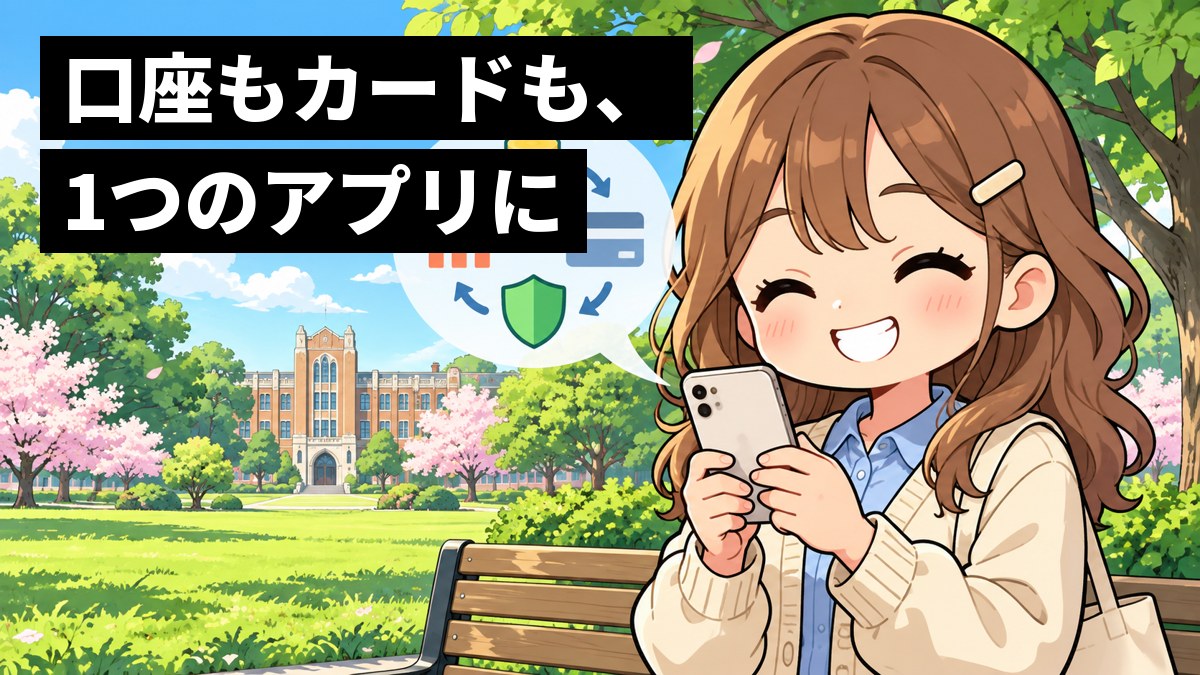 大学のキャンパスの芝生のベンチで、茶髪の女子大学生がスマホを両手で持ち、画面から浮かぶコイン・カード・グラフ・盾の吹き出しを見て、うれしそうに笑っている。「口座もカードも、1つのアプリに」の文字。