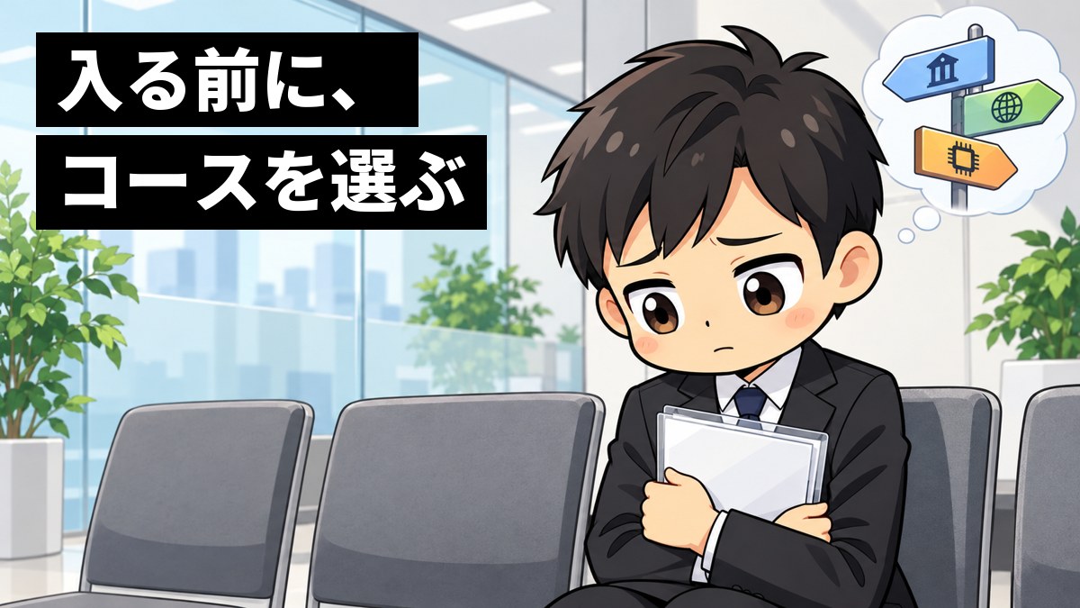 会社の待合室の椅子で、黒いスーツの男子大学生が書類を胸に抱え、眉を下げて不安そうに目を伏せている。「入る前に、コースを選ぶ」の文字。