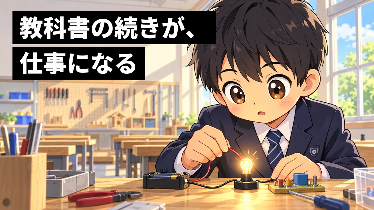 学校の技術室で、制服の男子中学生が、電池と導線と豆電球の回路を組み、明かりがついた豆電球を見つめて夢中でのめり込んでいる。「教科書の続きが、仕事になる」の文字。