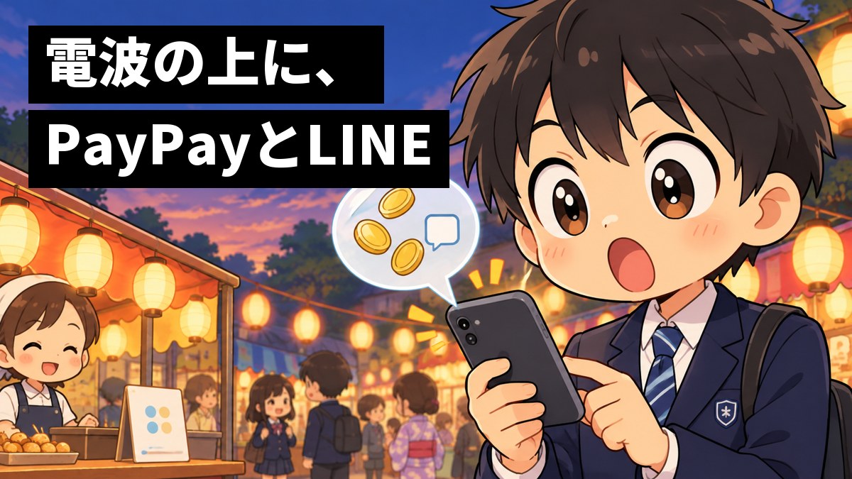 夕方のお祭りの屋台の前で、制服の男子中学生がスマホで支払いをし、スマホから浮かぶコインと吹き出しのマークを見て、目を丸くして驚いている。「電波の上に、PayPayとLINE」の文字。